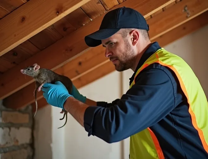 Technician inspecting a roof cavity for a dead rat in Brunswick East